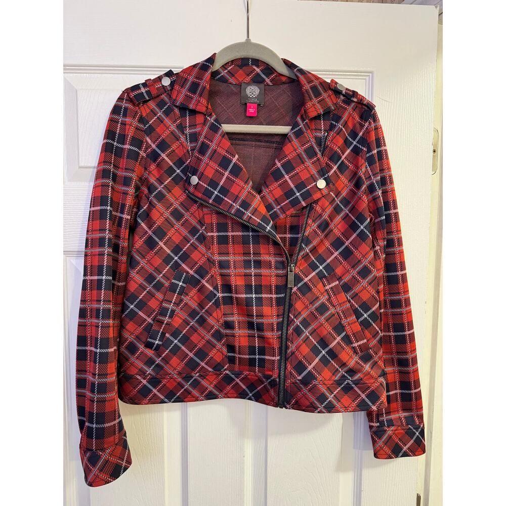 Vince Camuto Plaid Knit Moto Zipper Jacket Burnt Amber Tartan